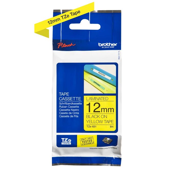Brother Genuine TZe-631 Labelling Tape – Black on Yellow, 12mm wide